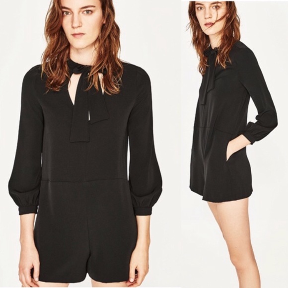 tie neck short sleeve black jumpsuit